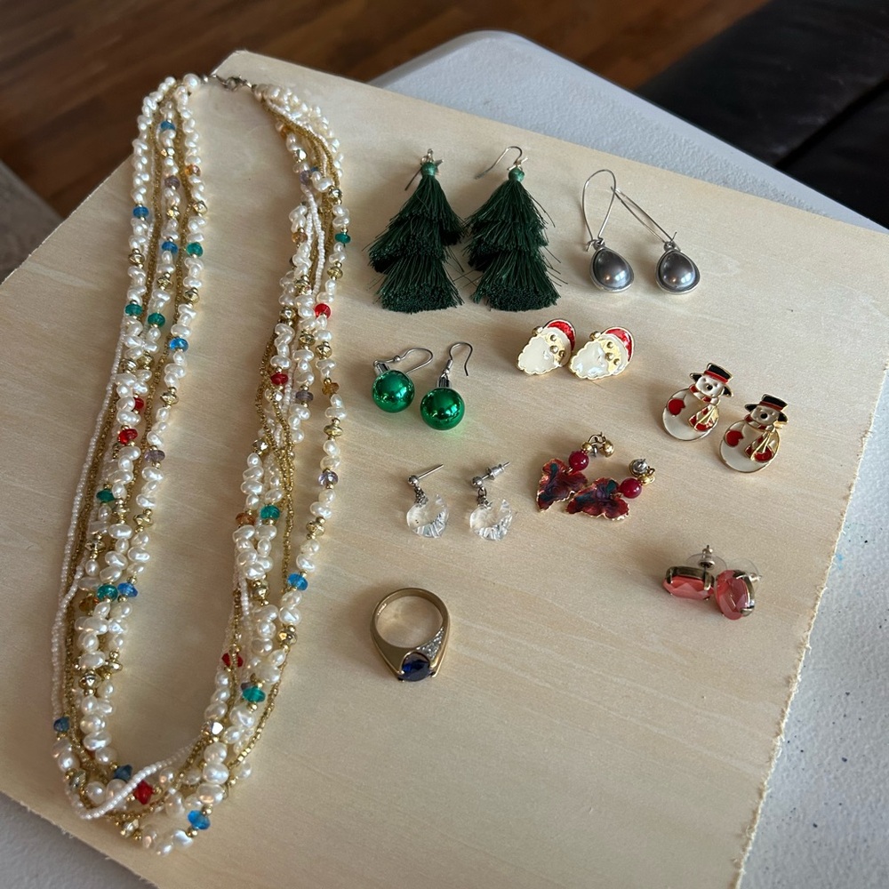 Christmas jewelry lot necklace, ring, 8 pairs earrings